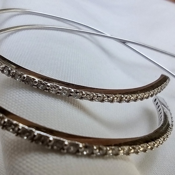 Silver Tone Super Skinny Lightweight Threader Hoop Earrings with CZ Accents - Picture 2 of 5